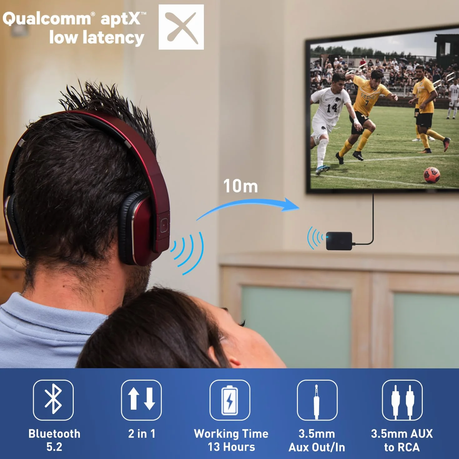August MR260 – Nadajnik i odbiornik Bluetooth, 3,5 mm AUX –Bezprzewodowy, wbudowana bateria, telewizora,z połączeniem o niskim opóźnieniu 40 ms, zapewnia do 10 godzin pracy na baterii–czarny