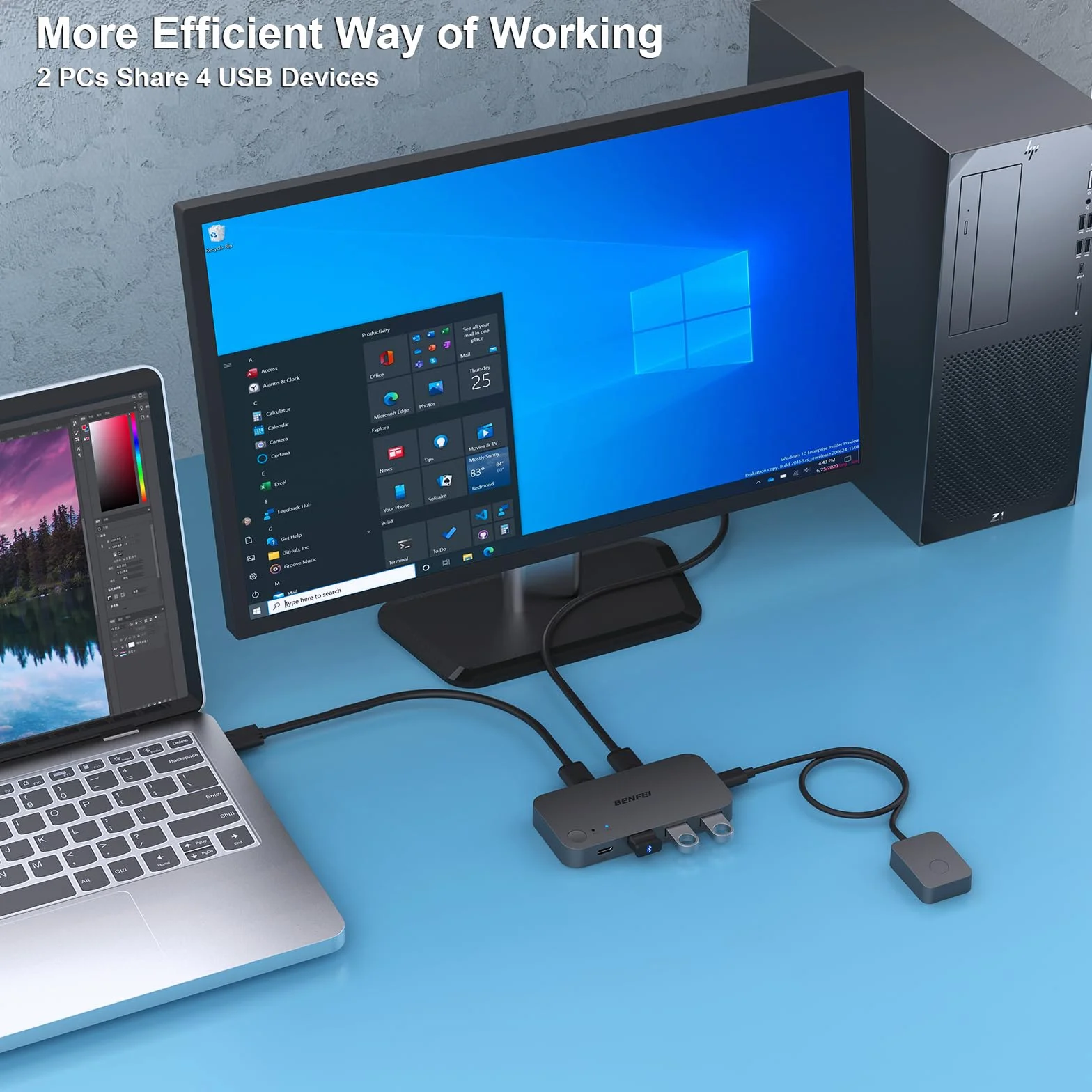BENFEI przełącznik USB 2 komputery Udostępnij 3*USB 3.0, 1*USB C z pilotem do PC Klawiatura z myszką Drukarka Skaner, Selektor przełącznika USB KVM Zgodny z systemami Windows, Mac, Linux