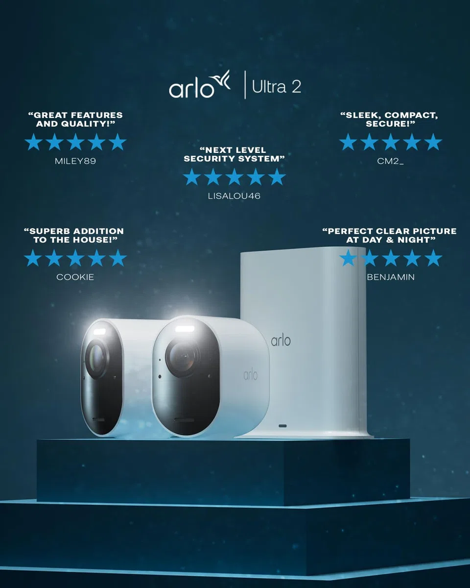 Arlo Ultra 2 4K IP zewnętrzna kamera monitorująca, zestaw 4 kamer | bezprzewodowa | z oświetleniem | tryb nocny w kolorze | czujnik ruchu | syrena | 3 msc. okresu testowego Arlo Secure