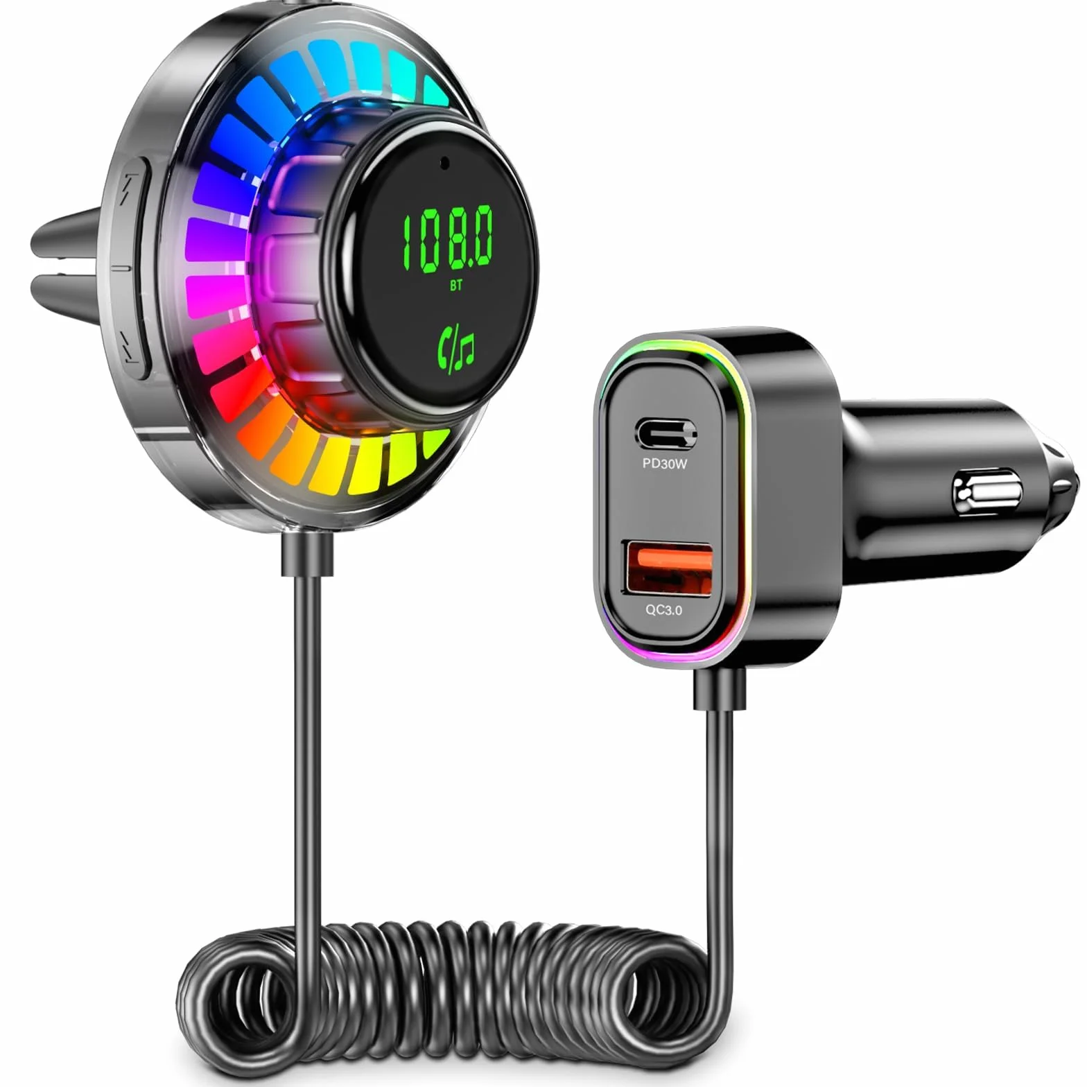 Adapter Bluetooth samochodowy FM z RGB, zestaw głośnomówiący Bluetooth 5.3, PD30W USB-C QC3.0, ładowarka samochodowa do iPhone Android