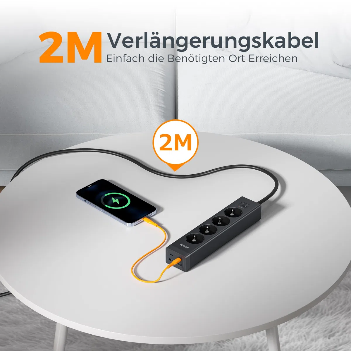TESSAN 4-drożne gniazdko wielokrotne z przedłużaczem 2 m, czarne | Listwa zasilająca z 2 gniazdami USB C i 2 USB A, wtyczka wielokrotna z przełącznikiem, 3600 W, listwa zasilająca