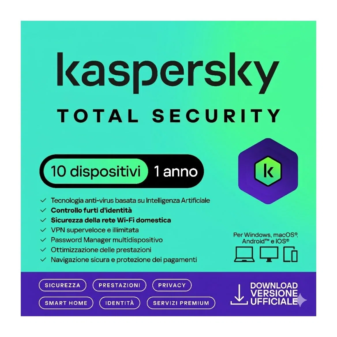 nextradeitalia Kaspersky Total Security 2022 PC/Mac/Android/iOS -1 Anno- 10 DISPOSITIVI