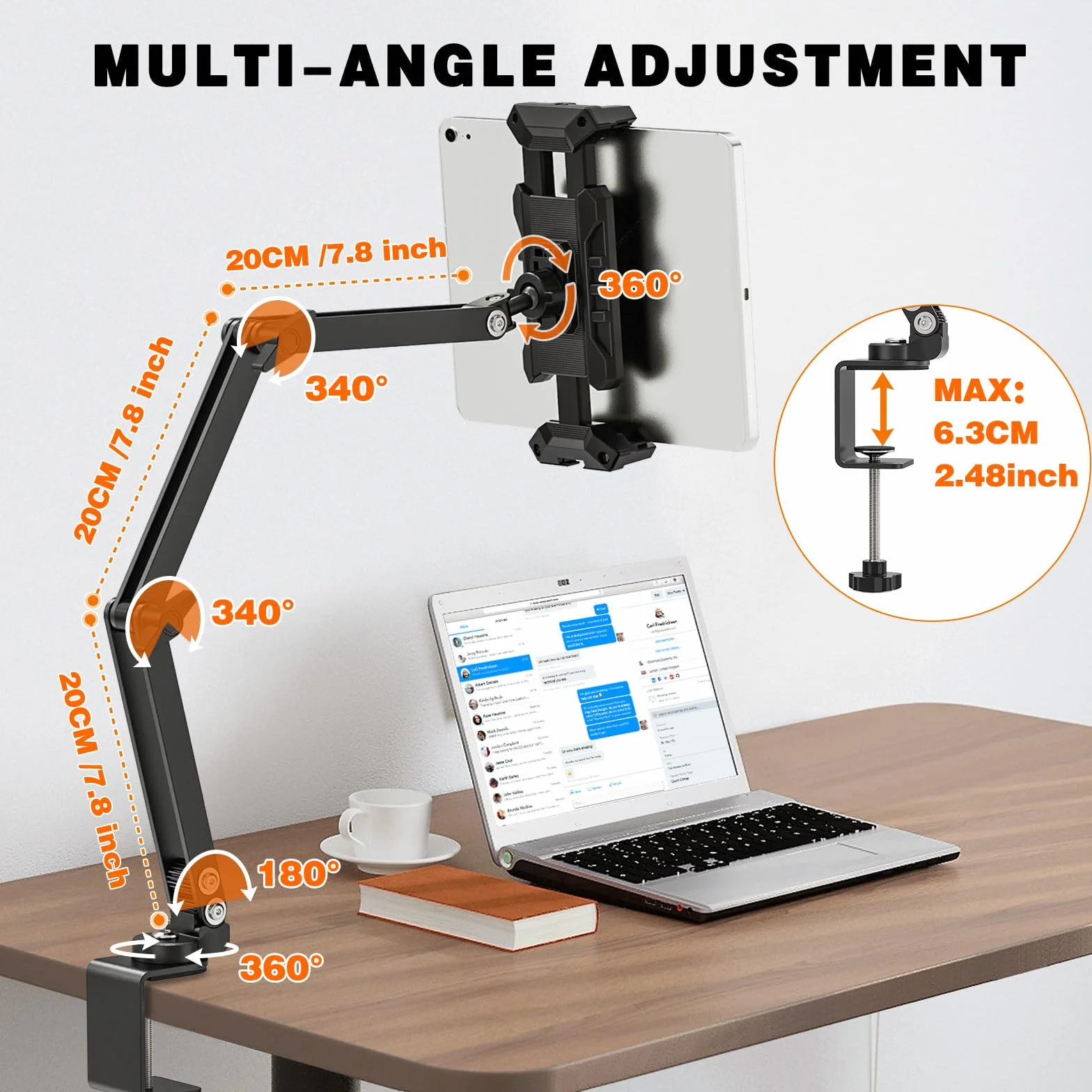 Uchwyt na tablet, obracany o 360° uchwyt na iPada, stolik z regulowanym długim rękawem, metalowe ramiona, uchwyt na tablet, do tabletu iPad Pro Air Mini 4,7''-13,5"