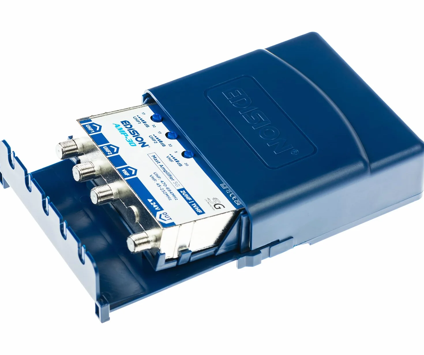 EDISION Zestaw MAK-300: wzmacniacz anteny telewizyjnej 2UHF, 1VHF/FM, 17-32 dB, 107 dBmV, 24 V, do cyfrowej naziemnej DVB-T/T2, z filtrem 5G LTE + zasilaczem 24 V 200 mA F, 2 wyjścia