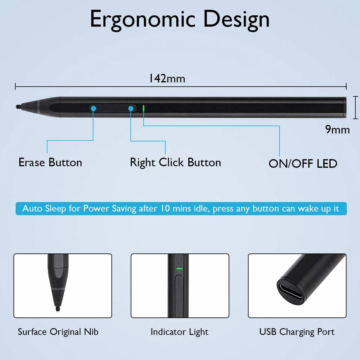 SUPERNIGHT Surface Pen Slim, Stylus Pen Surface 4096 czułość na nacisk z końcówką HB/H/2H Tip, wymienna końcówka, Tilt Palm Rejection, szybkie ładowanie do Surface Pro