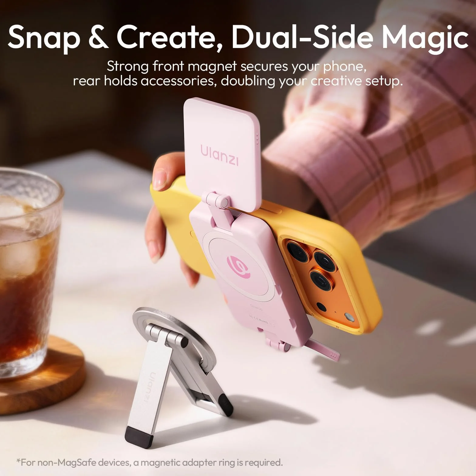 ULANZI GL01 [Aktualizacja 2026] Magnetyczna lampa do selfie do iPhone'a, dwa kwadratowe panele LED, wysuwany trzonek, ściemnialna w zakresie 2500-6500 K, kompatybilna z iPhone/Samsung (Różowy)