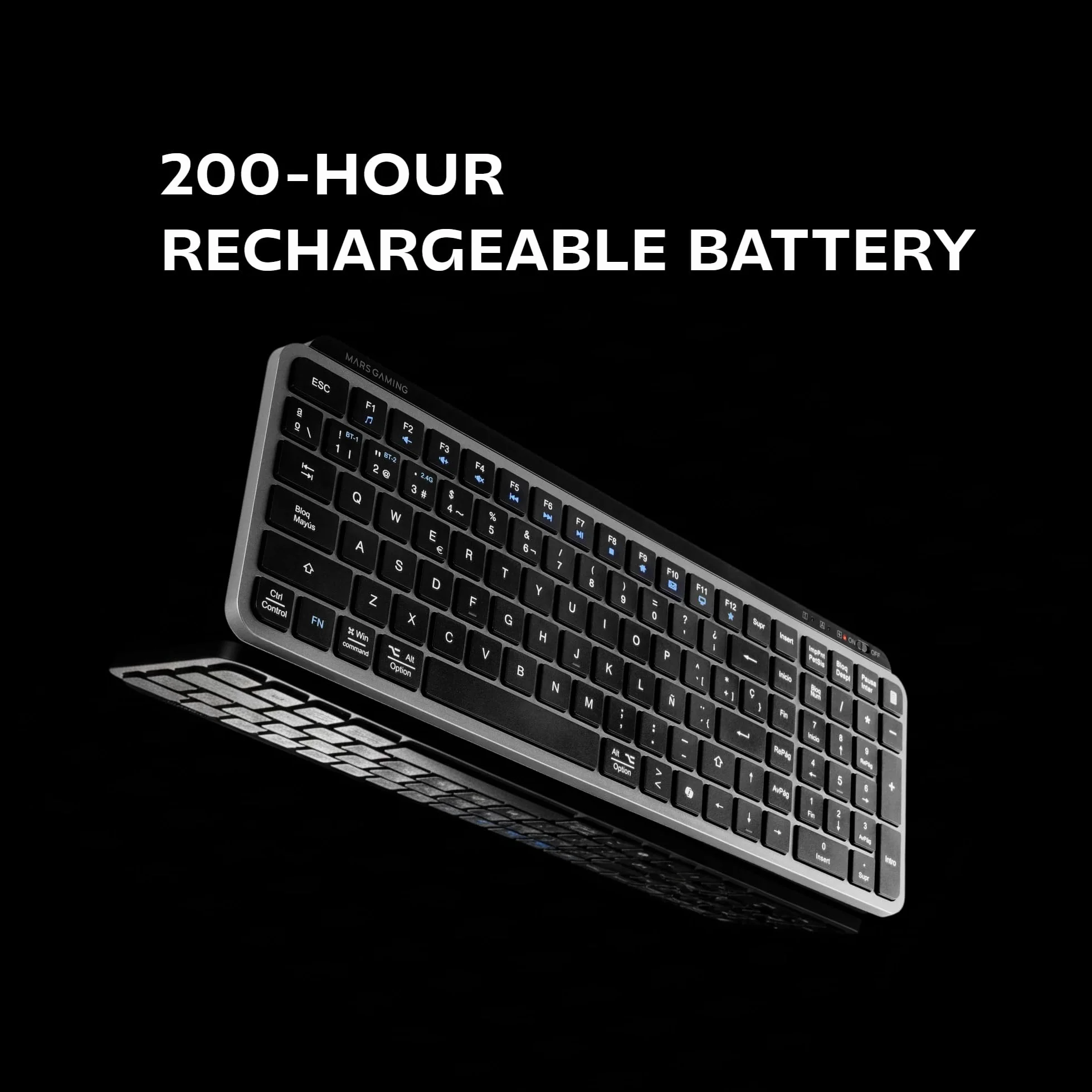 Mars Gaming MK-SILENKEYS, Bezprzewodowa Kompaktowa Klawiatura Pełnowymiarowa, Niski Profil, Ciche Przełączniki Nożycowe, Copilot AI, Bluetooth 5.1 Dual + 2.4GPRO, 200h, PC/Mac, Portugalski, Czarny