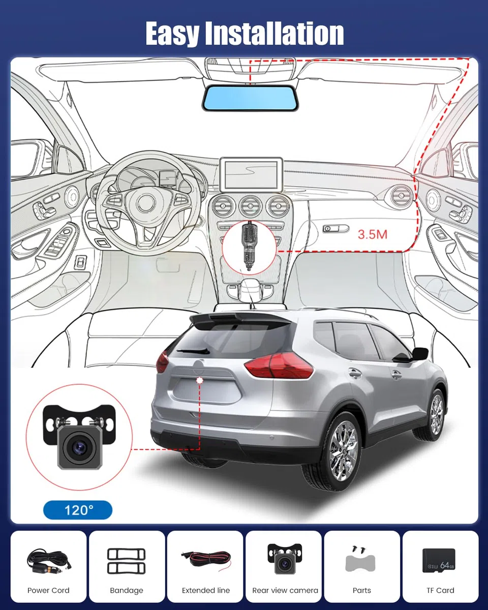 Lustro na deskę rozdzielczą 9,7" z kamerą cofania, kamera samochodowa z ekranem dotykowym IPS, Dual Dash Cam, nagrywanie w pętli i czujnik G, szeroki kąt, widoczność w nocy, lusterko wsteczne z kartą
