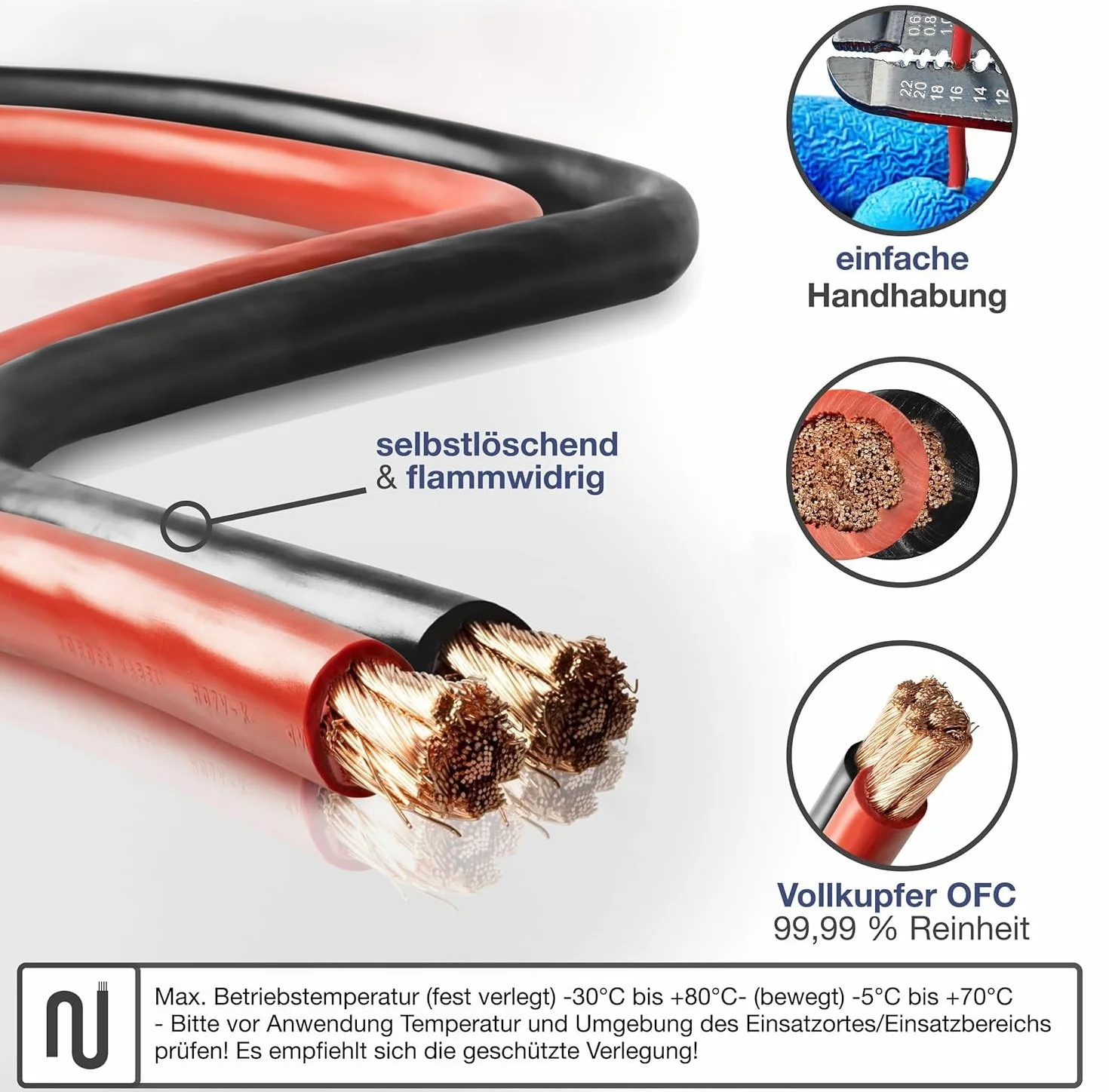 Kabel akumulatora, kabel rdzeniowy, czerwony - H07V-K 6, 10, 16, 25, 35, 50, 70 lub 95 mm², 100% miedź OFC; sprzedawany na metry - 6 mm², 10 mm², 16 mm², 25 mm², 35 mm², 50 mm², 70 mm², 95 mm²