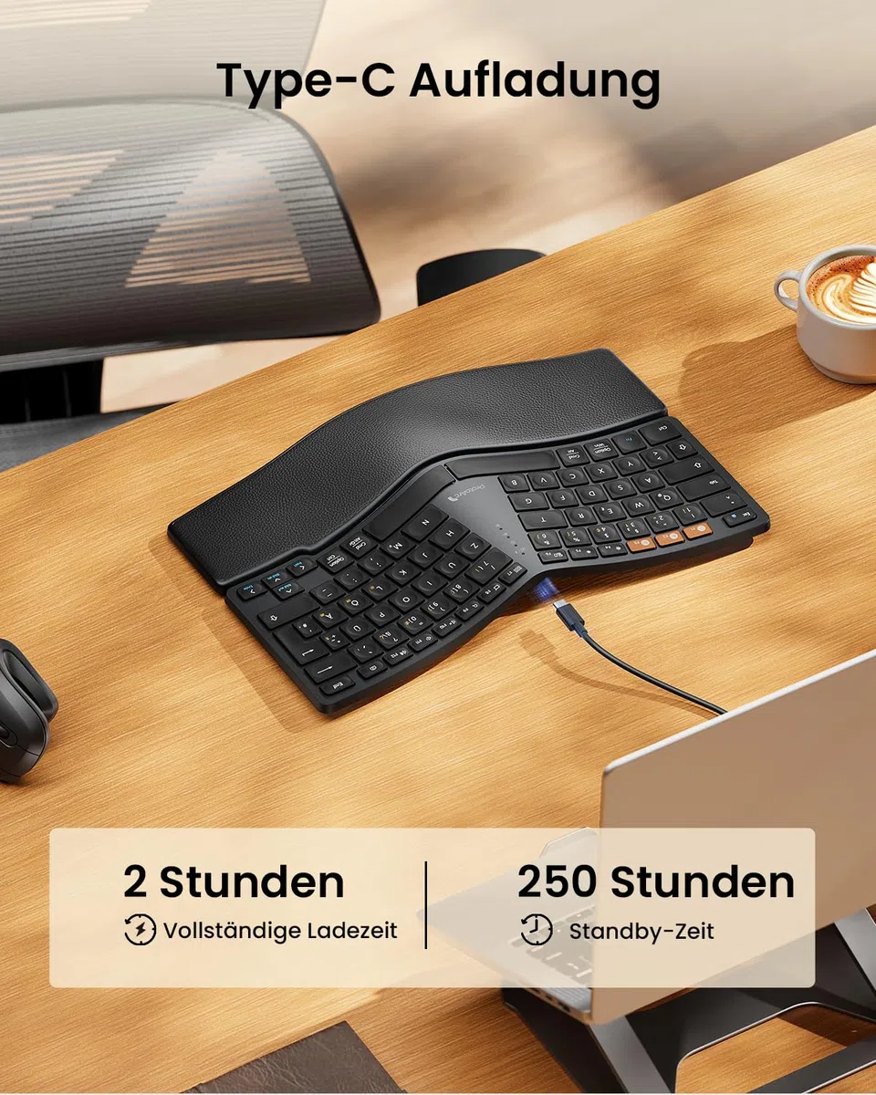 ProtoArc Ergonomiczna klawiatura Bluetooth, EK04 mini bezprzewodowa klawiatura Ergo, kompaktowa z podpórką pod nadgarstek, dzielona konstrukcja, naturalne uczucie pisania, Bluetooth i USB, możliwość