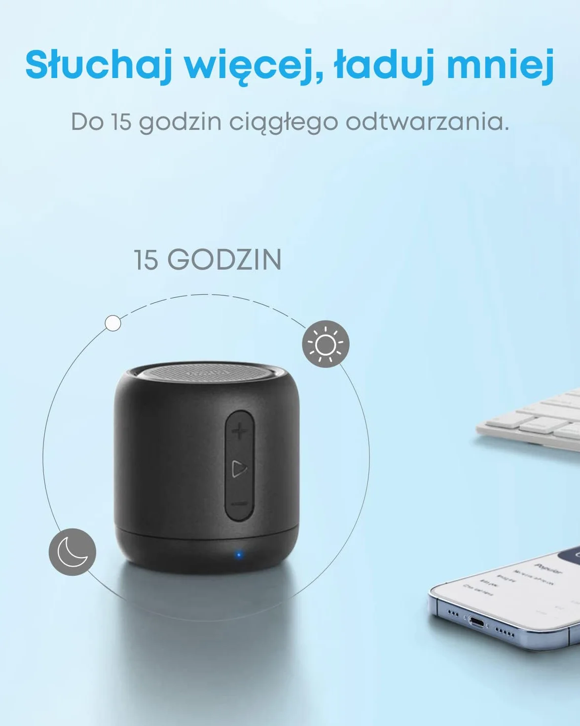 Soundcore mini od Anker, superprzenośny głośnik Bluetooth z 15-godzinnym czasem odtwarzania, zasięgiem Bluetooth 66 stóp, dla użytku na zewnątrz, w podróży, w domu (czarny)