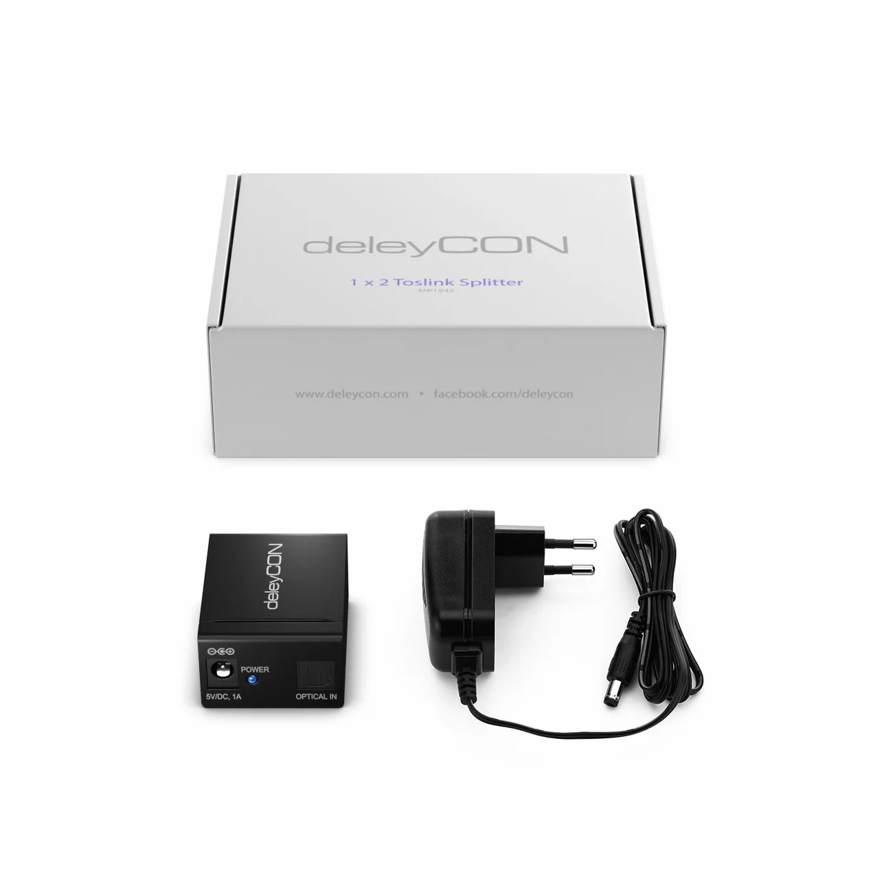 deleyCON Rozdzielacz Toslink 2-portowy cyfrowy rozdzielacz audio do optycznego kabla audio Toslink S/PDIF 1x wejście 2x wyjście do telewizora system hi-fi soundbar słuchawki