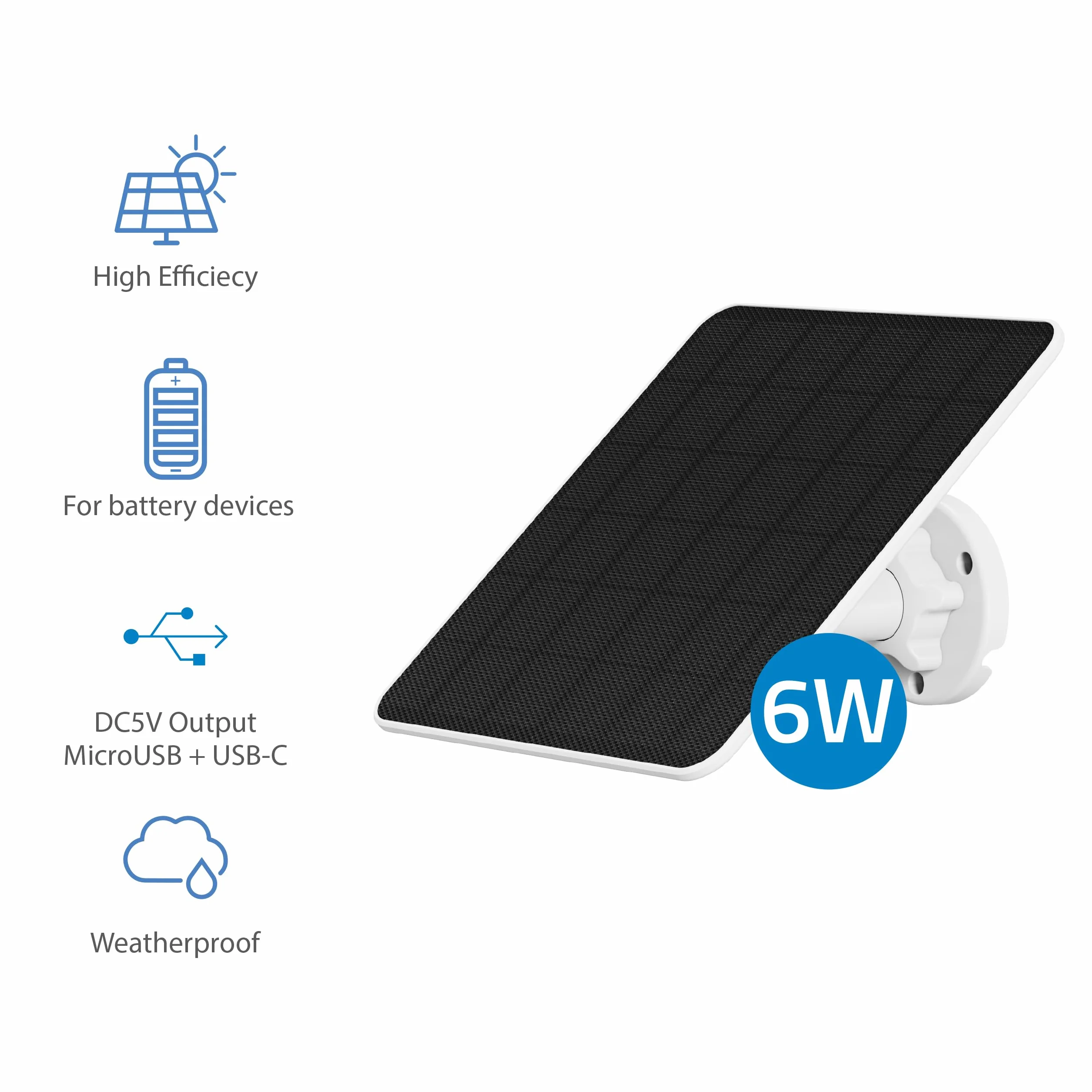 NIVIAN Panel słoneczny 6 W do kamer bezpieczeństwa IP, złącze USB typu C i adapter micro USB, łatwa instalacja z regulowanym uchwytem, biały, 1 sztuka, tworzywo sztuczne