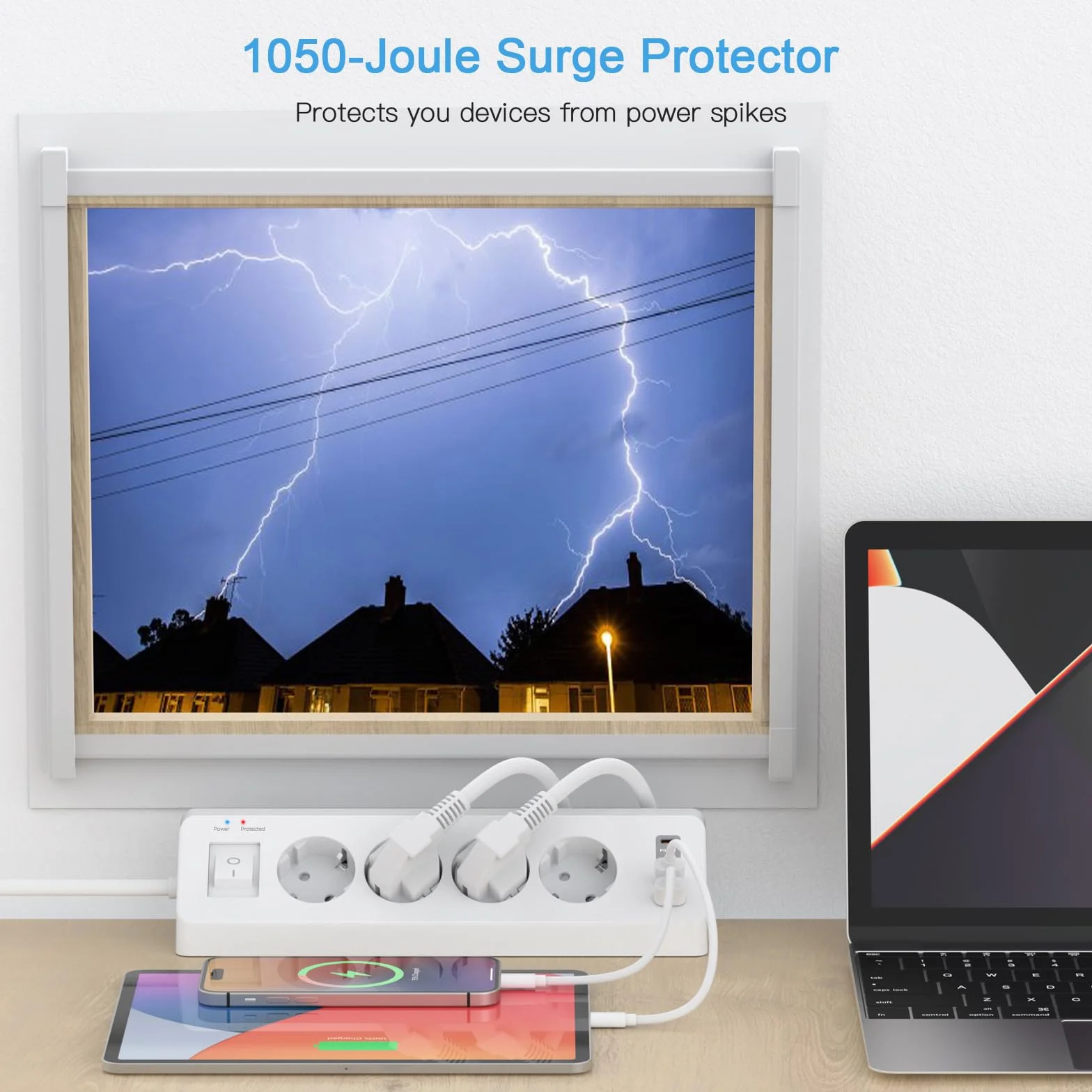 SUDEERY – Listwa z 4 gniazdami z USB C (PD 20 W), listwa zasilająca z 4 gniazdami z USB i przełącznikiem, ochrona przeciwprzepięciowa z kablem 2 m, do kuchni (biała)