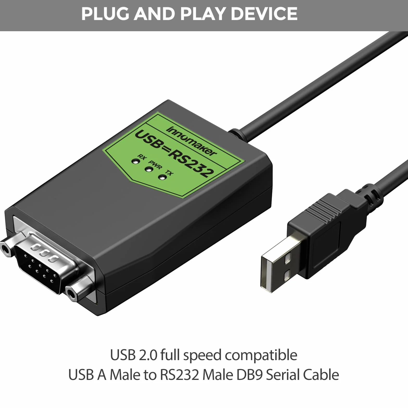 InnoMaker Przemysłowy adapter USB na szeregowy RS232, USB na DB9 męski, Chipset FTDI, Ochrona ESD, Izolacja sygnału/zasilania, Zgodny z Windows 11,10,XP, Mac OS, Android, Linux