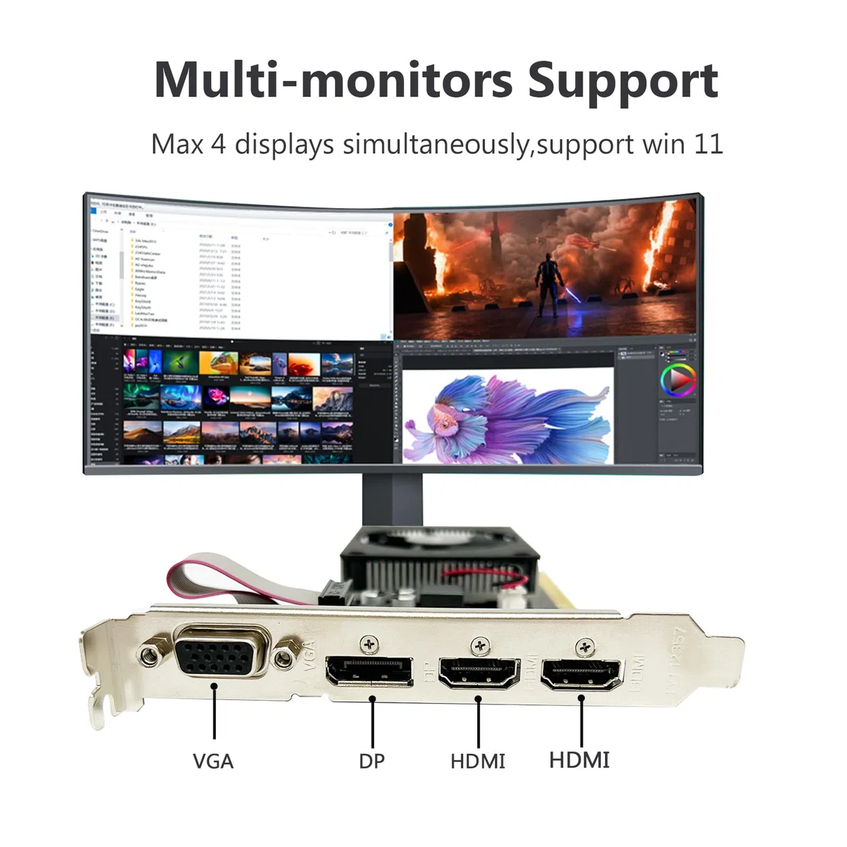 QTHREE GeForce GT 730 karta graficzna 4 GB 64-bitowa DDR3, 2x HDMI, VGA, DP, komputerowe karty wideo do gier PC, PCI E x8 2.0, obsługa 4 monitorów, Win11, DirectX 12, niskoprofilowa, (NVIDIA GeForce