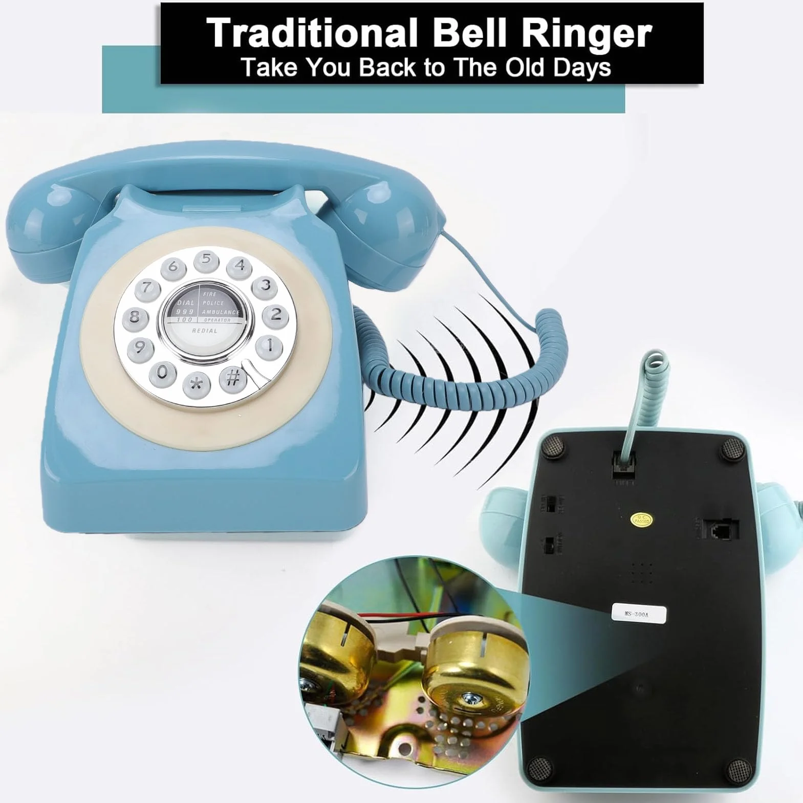 Asixxsix Telefon Stacjonarny w Stylu Retro, Przewodowy Telefon Stacjonarny z Przyciskami Ponownego Wybierania, Zabytkowe, Staromodne Telefony Stacjonarne z Przyciskiem Wybierania do (BLUE)
