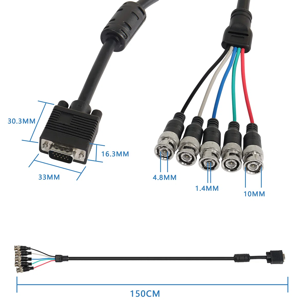 MEIRIYFA Kabel wideo VGA do BNC, HD15 VGA do 5 BNC RGB wtyczka koncentryczna wysoka rozdzielczość do monitora HDTV kabel (czarny) - 1,5 m