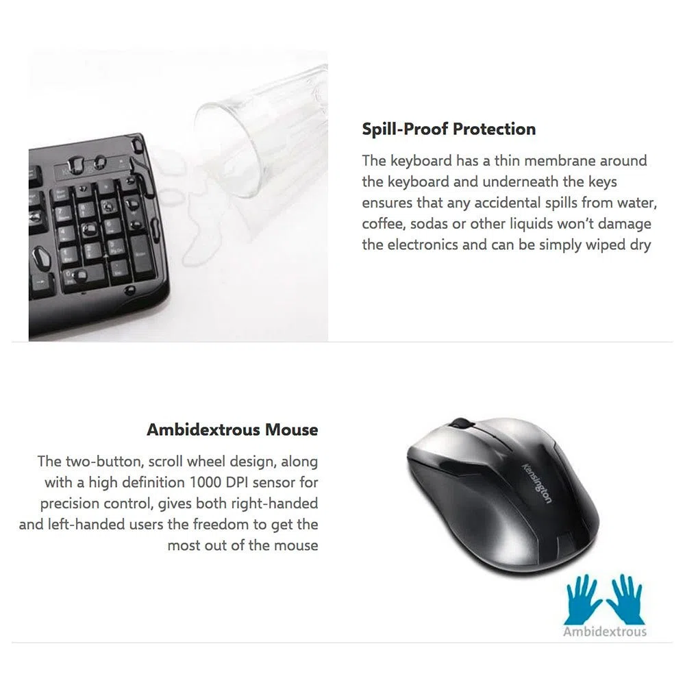 KENSINGTON TECHNOLOGY GROUP K72324US COMBO USB WL PROFIT DESKTOP Zestaw AUTO WAKE/SLEEP KLAWIATURA I MYSZKA BLK