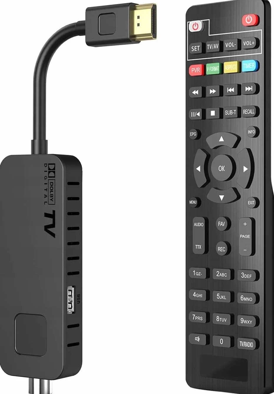 LTC Mini DVB-T2 HD Stick Receiver, H.265 HEVC dekoder, Full HD 1080p, programowalny pilot zdalnego sterowania 2 w 1, nagrywanie PVR, USB, HDMI, czujnik podczerwieni, czarny