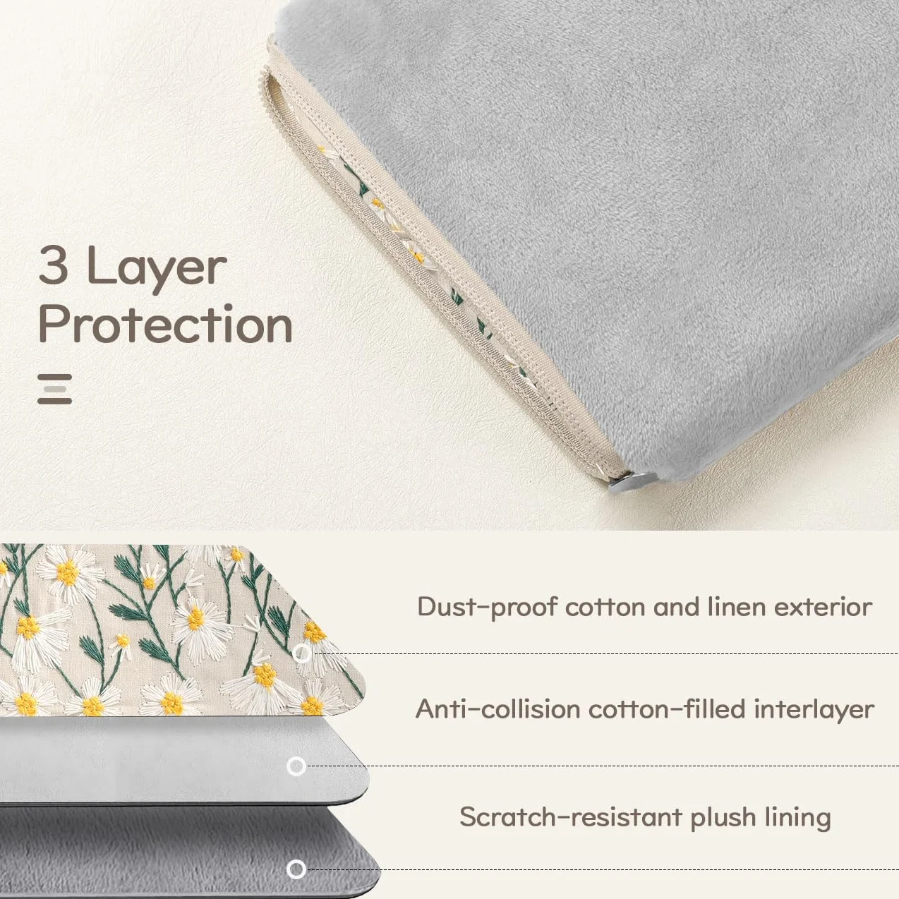 Dadanism Daisy Embroidered Book Sleeve with Zipper, Book Protector Pouch, Beige