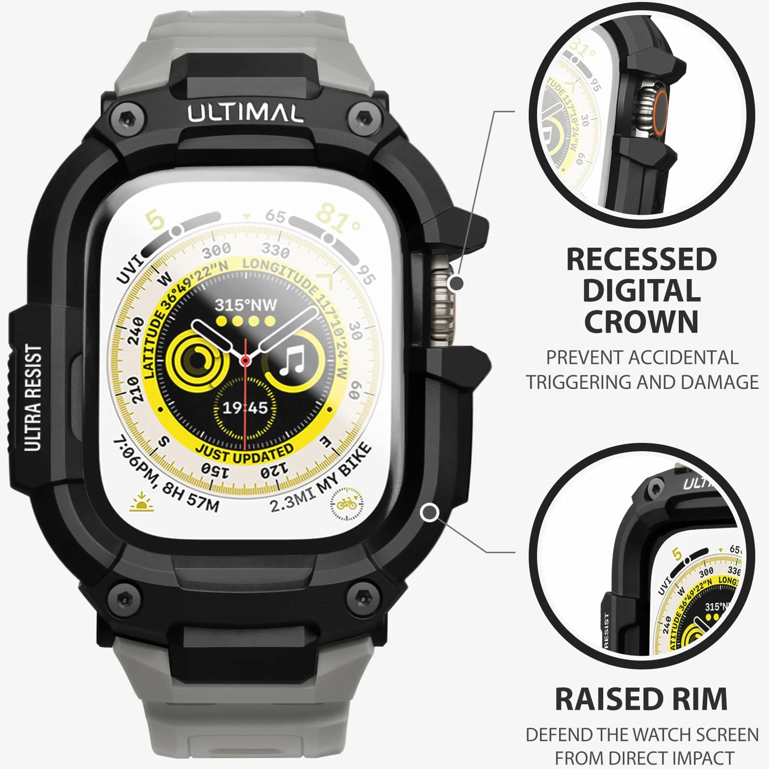 ULTIAML Etui ochronne z bransoletką, kompatybilne z Apple Watch ultra 2/ ultra 49 mm, regulowany, odporny na uderzenia, sportowy pasek, wytrzymały pasek premium (szary)