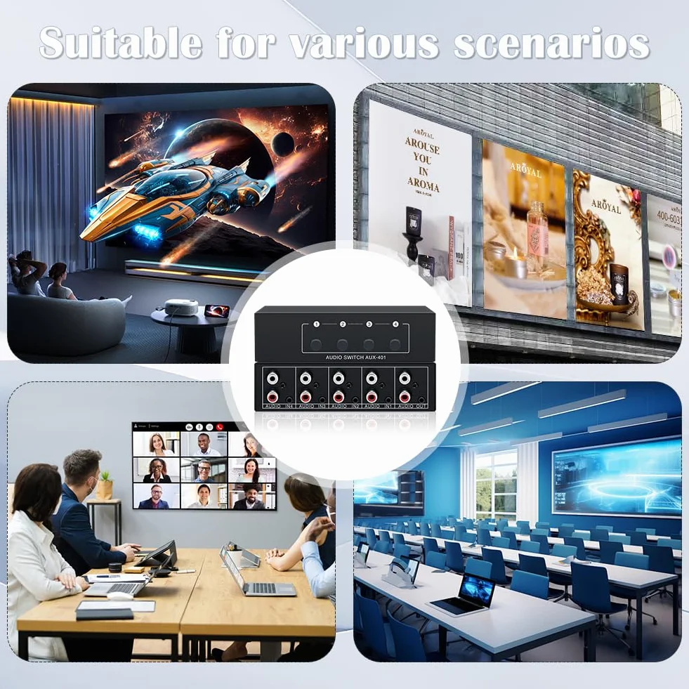 Audio Switch 4 w 1 cinch rozdzielacz przełącznik AUX 3,5 mm pasywny stereo do słuchawek TV PC RCA