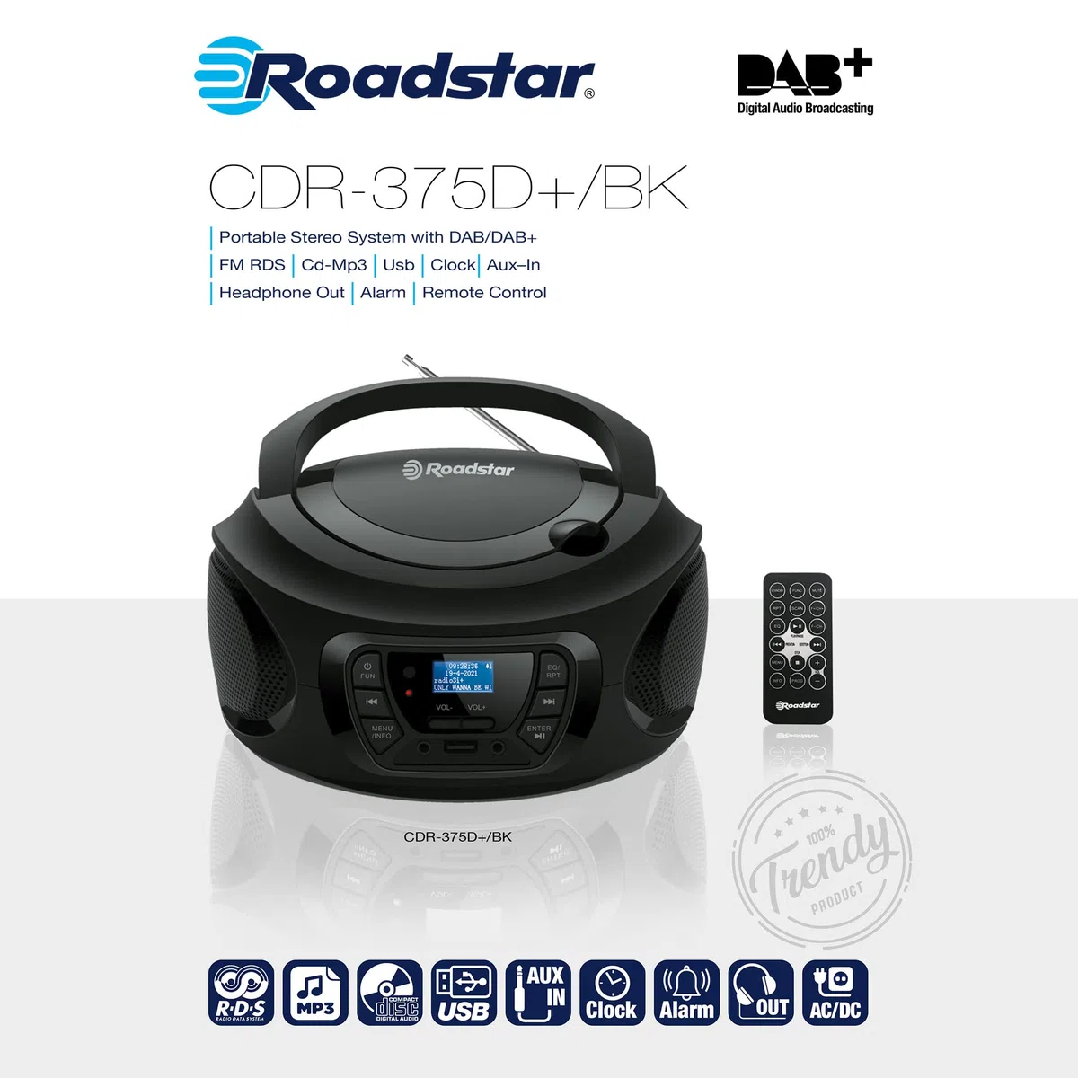 Roadstar CDR-375D+/BK Przenośny odtwarzacz CD DAB/DAB+ / FM, Odtwarzacz CD-MP3, CD-R, CD-RW, Port USB, Stereo, Pilot, AUX-IN, Wyjście Słuchawkowe, Czarny