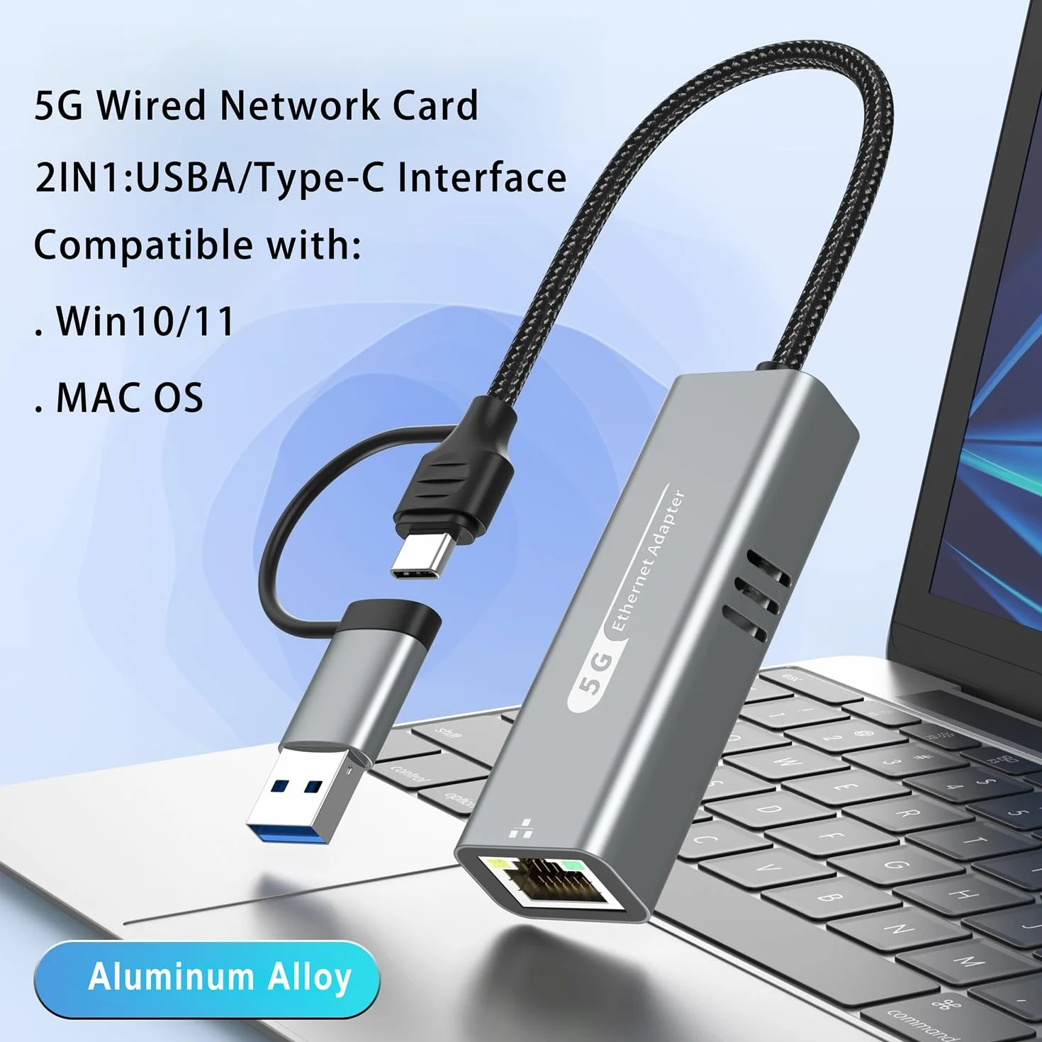 5G USB 3.2 adapter Ethernet z RTL8157, 2 w 1 USB-A/Typ-C na 5 Gbit/s karta sieciowa, konwerter RJ45 LAN do komputera, laptopa, Windows, Mac, OS, Linux (wymagany typ C > 3,2)
