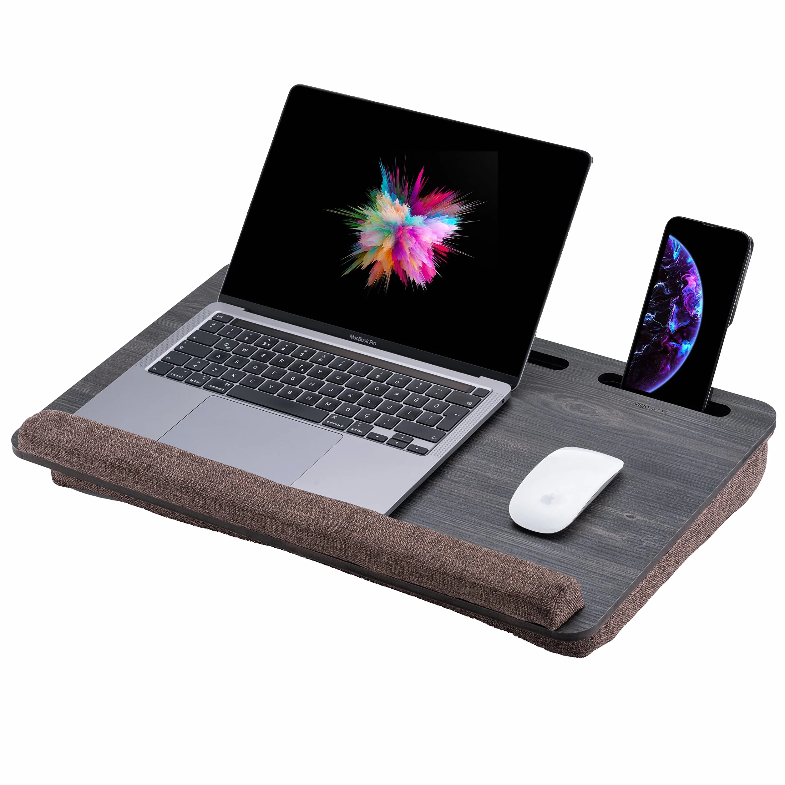 Vigo Wood Drewniane Biurko na Laptopa z Poduszką, Pasuje do 17,3", Przenośny Stolik z Uchwytami na Tablet i Telefon