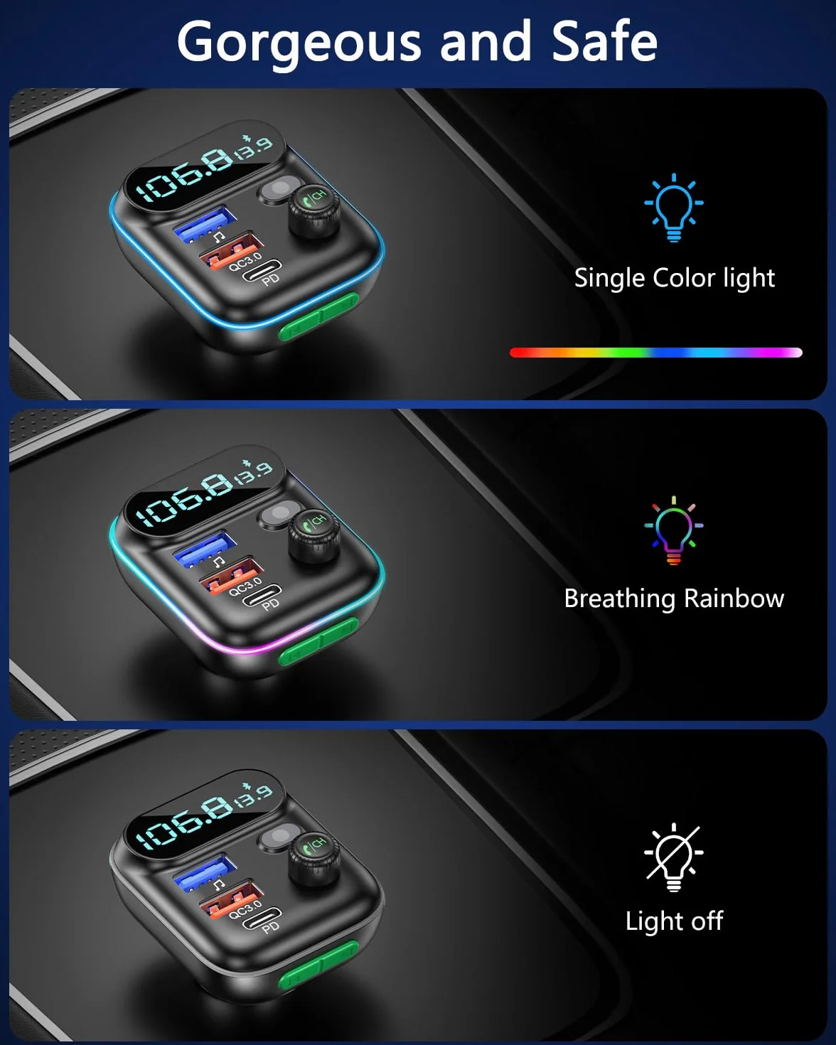 LENCENT Samochodowy nadajnik FM Bluetooth, ładowarka z przyłączem PD3.0 (USB-A) i QC3.0(USB-C), funkcja głośnomówiąca bezprzewodowy samochodowy odtwarzacz,transmiter, MP3, karta TF(micro SD)