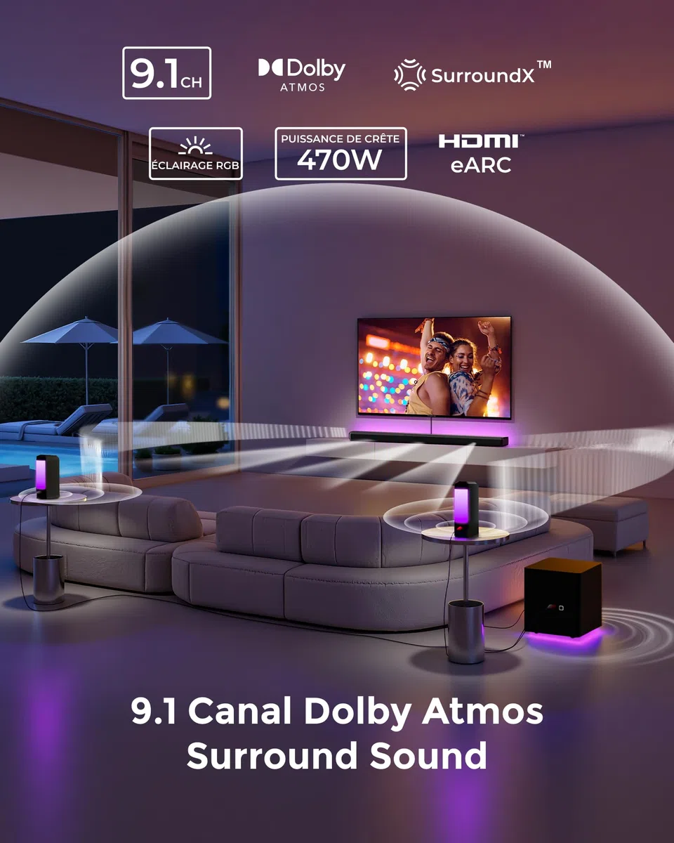 ULTIMEA System dźwięku przestrzennego 9,1 ch do telewizora z 2 głośnikami tylnymi, odłączany soundbar z subwooferem, soundbar RGB, maksymalna moc 470 W, 6,5-calowy subwoofer, HDMI/OPT/AUX/BT, Apollo