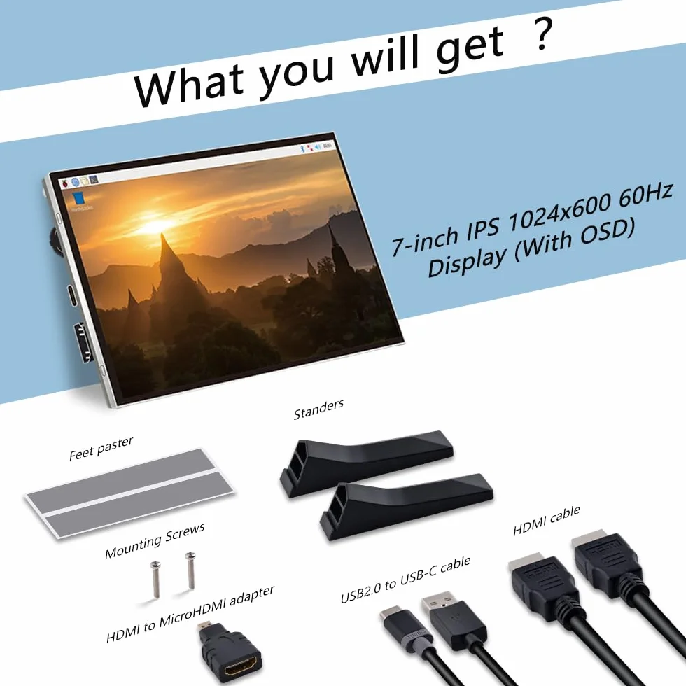 GeeekPi 7-calowy ekran LCD 1024x600 IPS HDMI do Raspberry Pi 5/Pi 4B/3B+/3B/B+/Zero/400