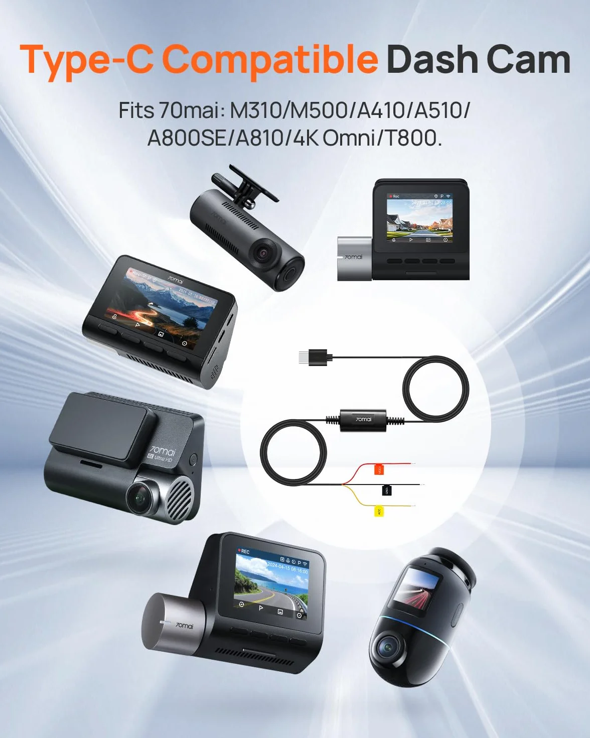 70mai Zestaw Hardwire UP03, USB 3 m, do kamer samochodowych, 12 V-30 V do 5 V/2,4 A, ochrona przed niskim napięciem, 24-godzinny zasilacz do kamery samochodowej M500 X200 A810