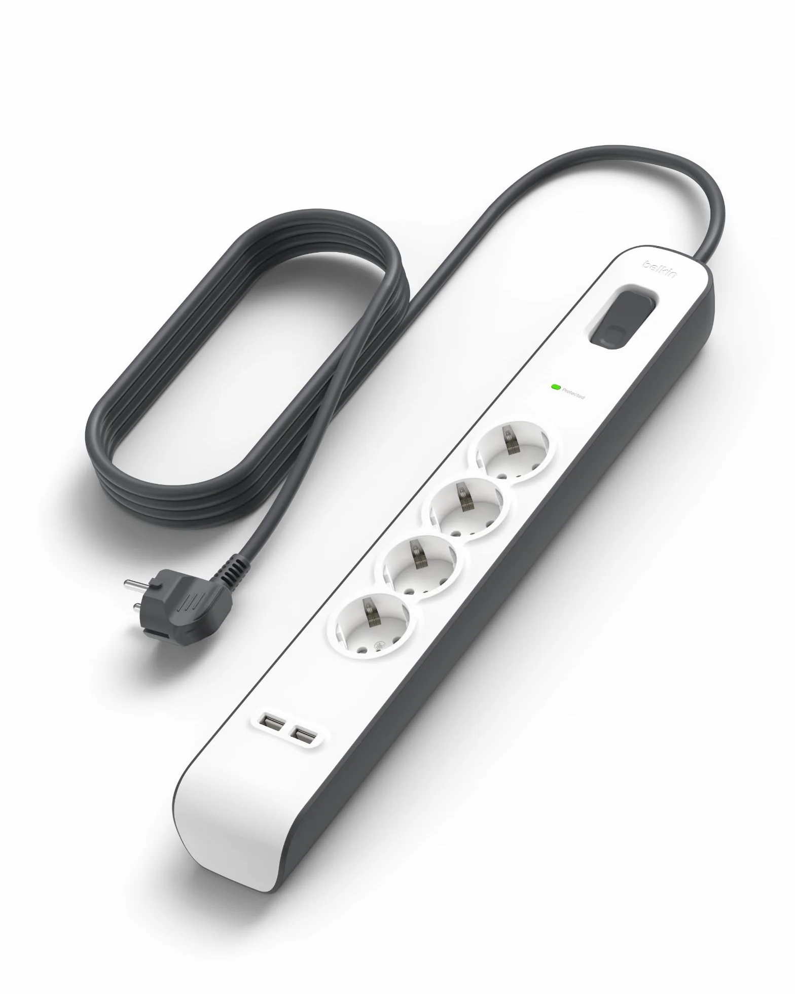 Belkin Surge Plus listwa zasilająca z 4 gniazdami z zabezpieczeniem przeciwprzepięciowym (w zestawie 2 złącza USB z kablem 2,4 A, 2 m) biała/szara