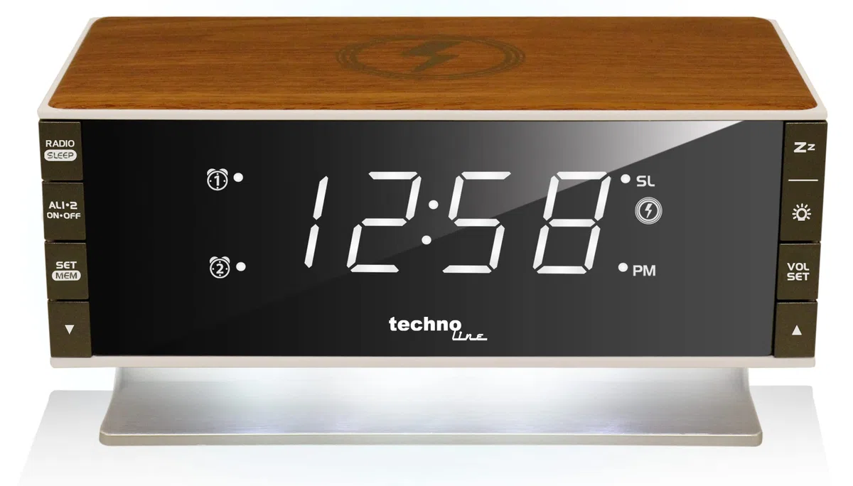 radiobudzik LED technoline WT487, kompatybilny z urządzeniami obsługującymi technologię Qi (ładowanie bezprzewodowe, funkcja ładowania indukcyjnego)