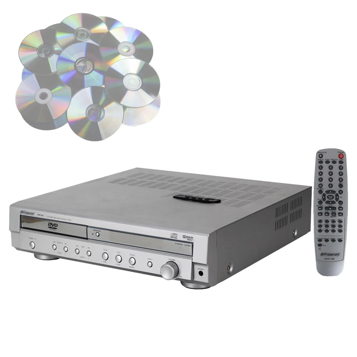 Wzmacniacz kina domowego 5.1, odtwarzacz DVD z kanałami dźwięku przestrzennego z pilotem, obsługuje USB, wyjście optyczne i koncentryczne, amplituner stereo z regulacją głośności