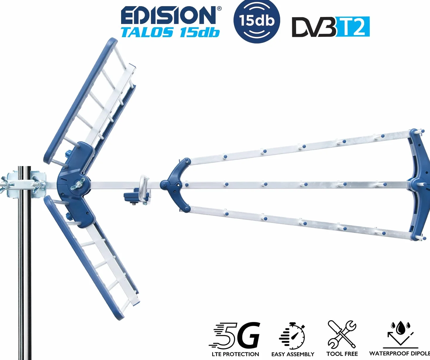 EDISION TALOS 15db Potrójna cyfrowa antena naziemna UHF 21-48, z odcięciem 5G LTE, idealna do odbioru kanałów cyfrowej telewizji naziemnej DVB-T/T2, długość 47cm, niebieska i aluminiowa