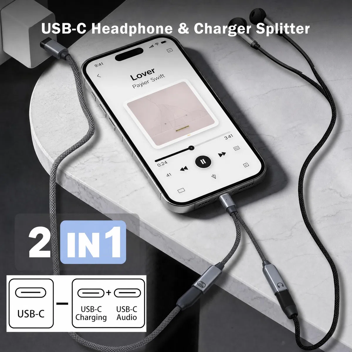 Adapter słuchawkowy USB-C rozdzielacz USB-C typu Y 2 w 1 adapterem audio szybkim ładowaniem 100W laptopa tabletu smartfona – Szary