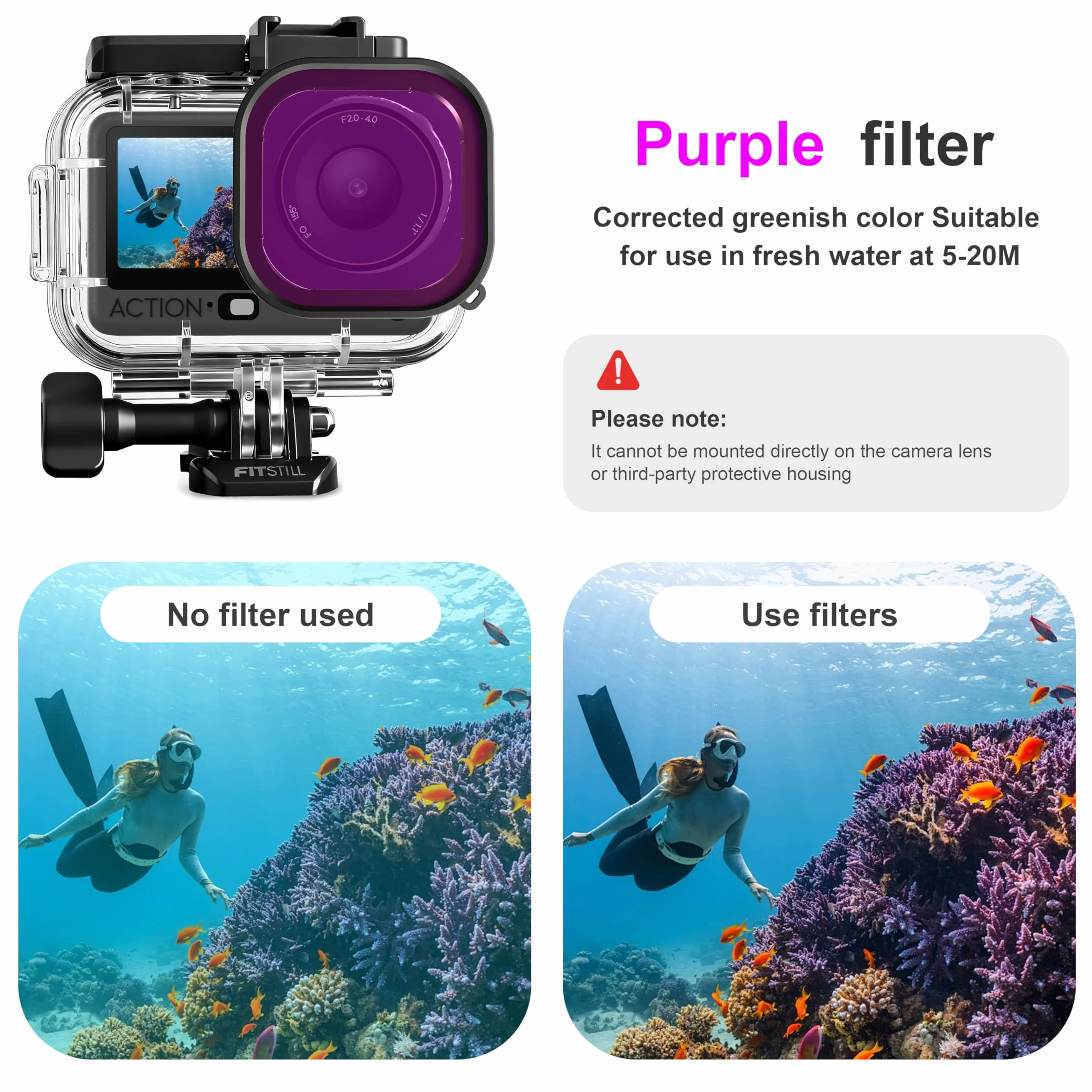 FitStill Uniwersalny zestaw do nurkowania do DJI OSMO ACTION 6, wodoodporna obudowa 196FT/60M i 3 filtry i uchwyt pływający zestaw do nurkowania, surfingu, nurkowania, etui ochronne, akcesoria