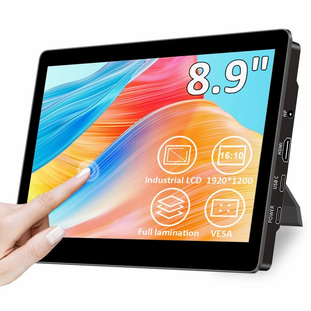 Monitor dotykowy 22.6 cm z podstawką, 1920 x 1200, 16:10, 450 Nits, wiązanie optyczne, port HDMI/USB-C, mały monitor do mini PC, laptopa, Mac mini