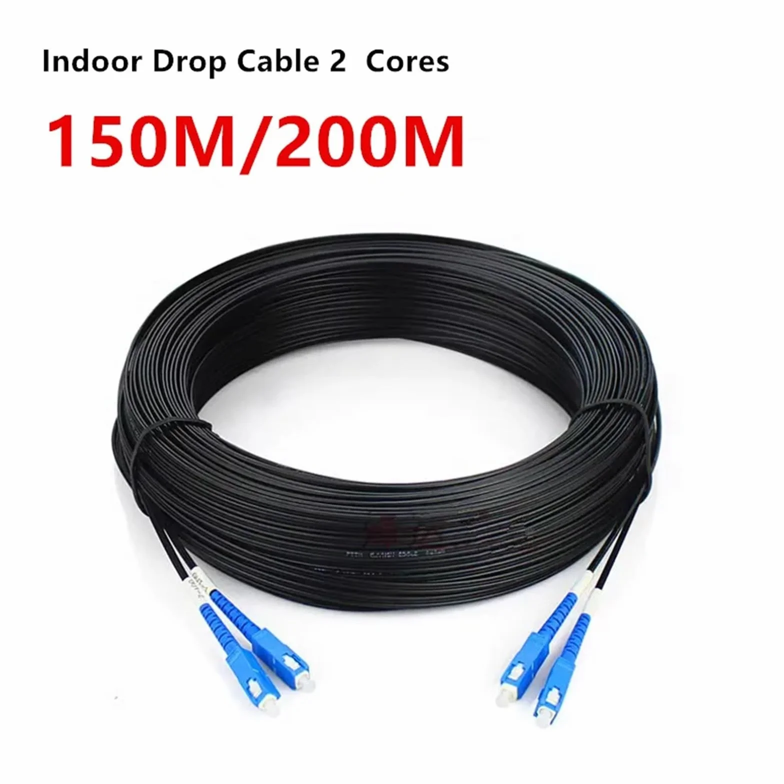 2-żyłowy kabel połączeniowy światłowodowy do zastosowań wewnętrznych, SC UPC jednomodowy, długość 150 m/200 m, 1310 nm-1550 nm, 2 przewody stalowe(Black,150M)