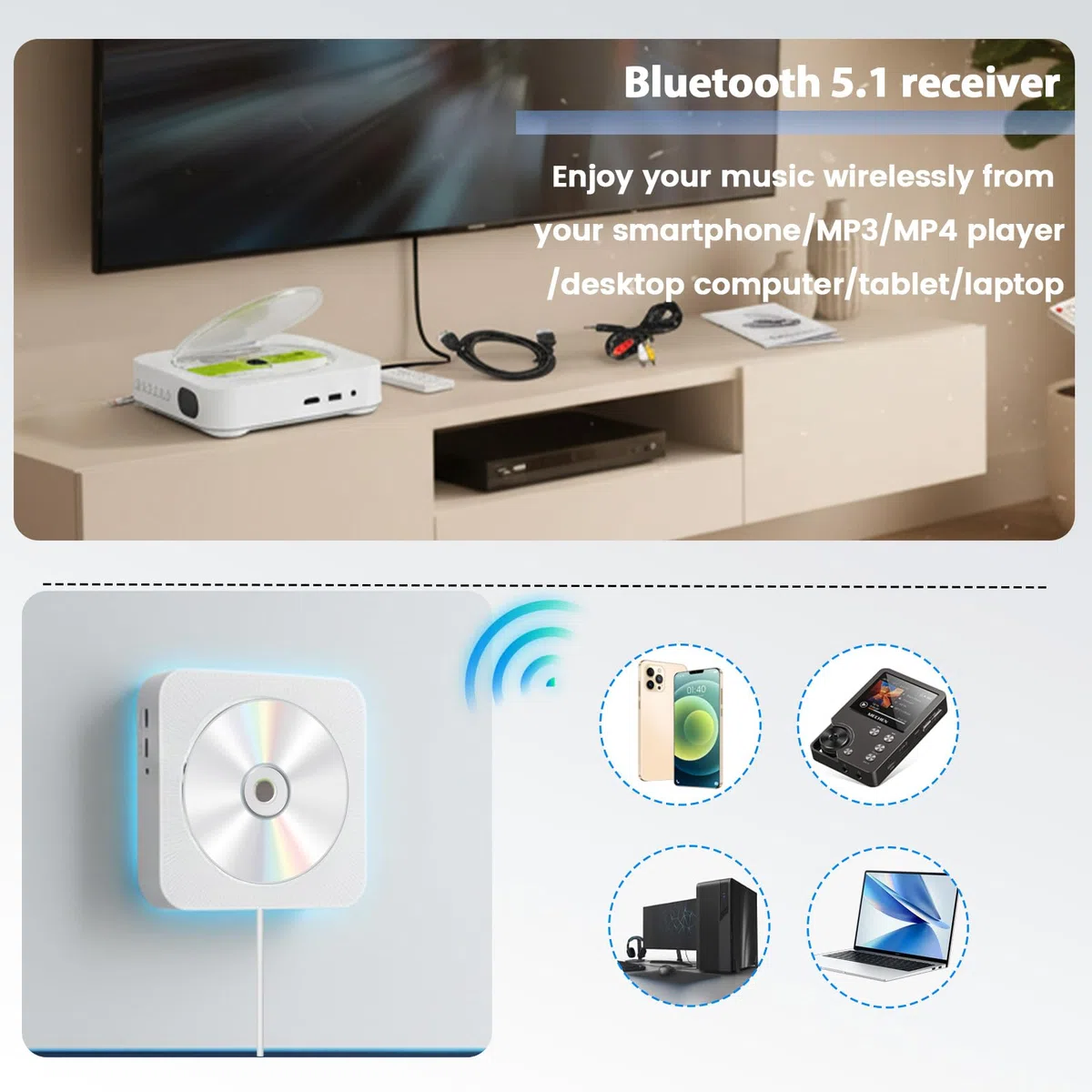Przenośny odtwarzacz DVD/CD z Bluetooth, wbudowany głośnik Hi-Fi do montażu na ścianie domowe audio Boombox z pilotem zdalnego sterowania HDMI do podłączenia TV radio FM, odtwarzacz USB dla