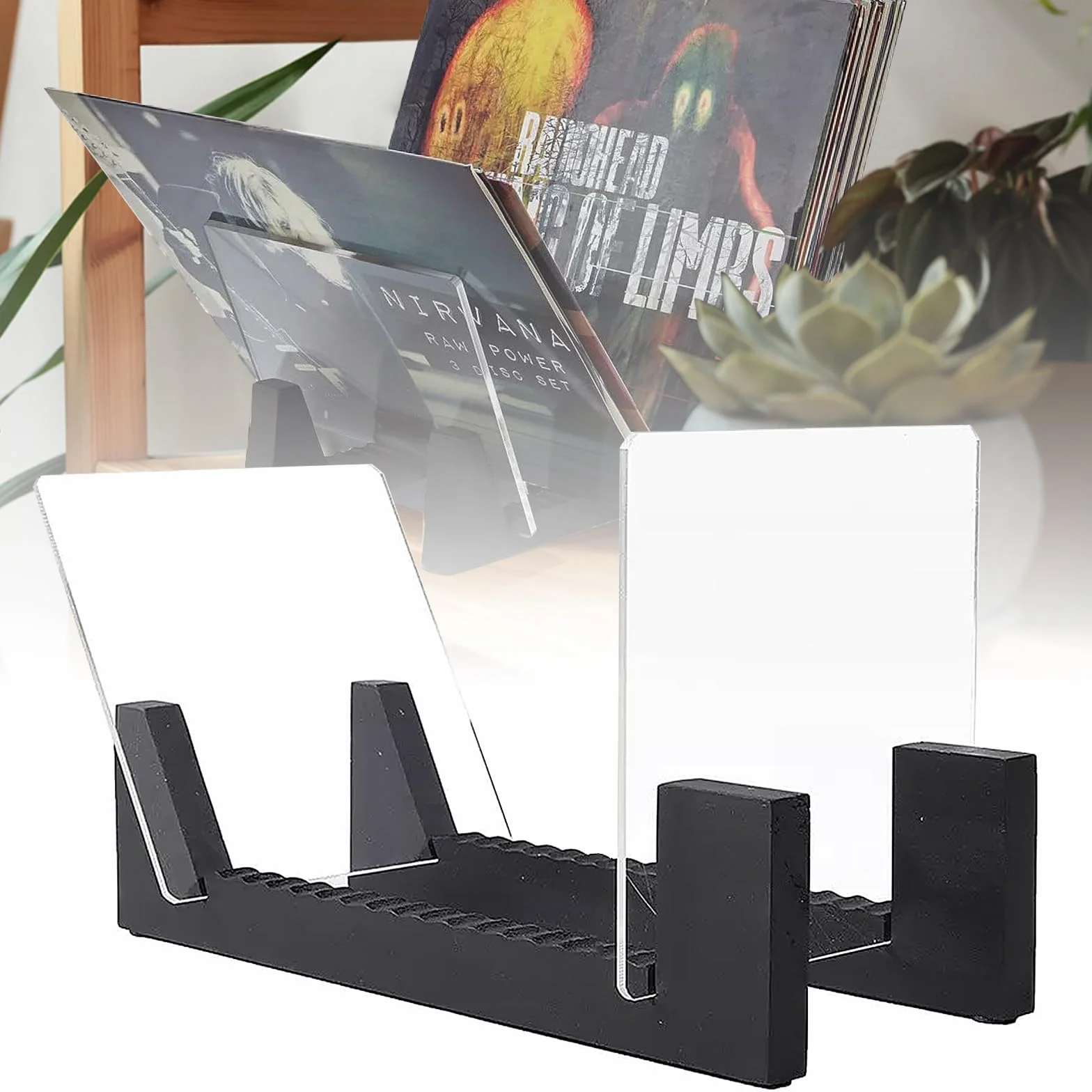 Winylowy organizer na płyty LP, płyta winylowa, stojak, przechowywanie do 50 albumów lub płyt CD, podstawa z litego drewna ze szkłem akrylowym, kolor czarny