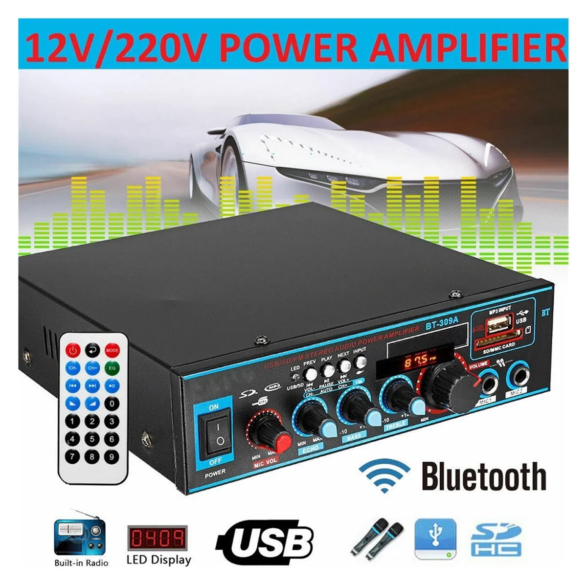 Wzmacniacz, 12V 800W wzmacniacz 5.0 do głośników 2.0 kanałowy samochodowy sprzęt audio wzmacniacz basowy odtwarzacz muzyczny HIFI AUX FM SD z pilotem