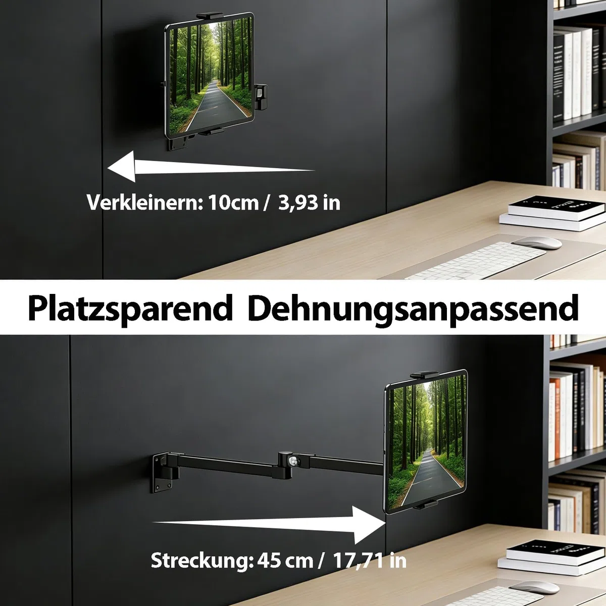 Uchwyt ścienny na tablet, aluminiowy wysuwany uchwyt ścienny, regulacja wysokości, składany, obracany o 360 stopni, składany, do kuchni, biura, salonu, łazienki lub sypialni, do urządzeń 4-13"