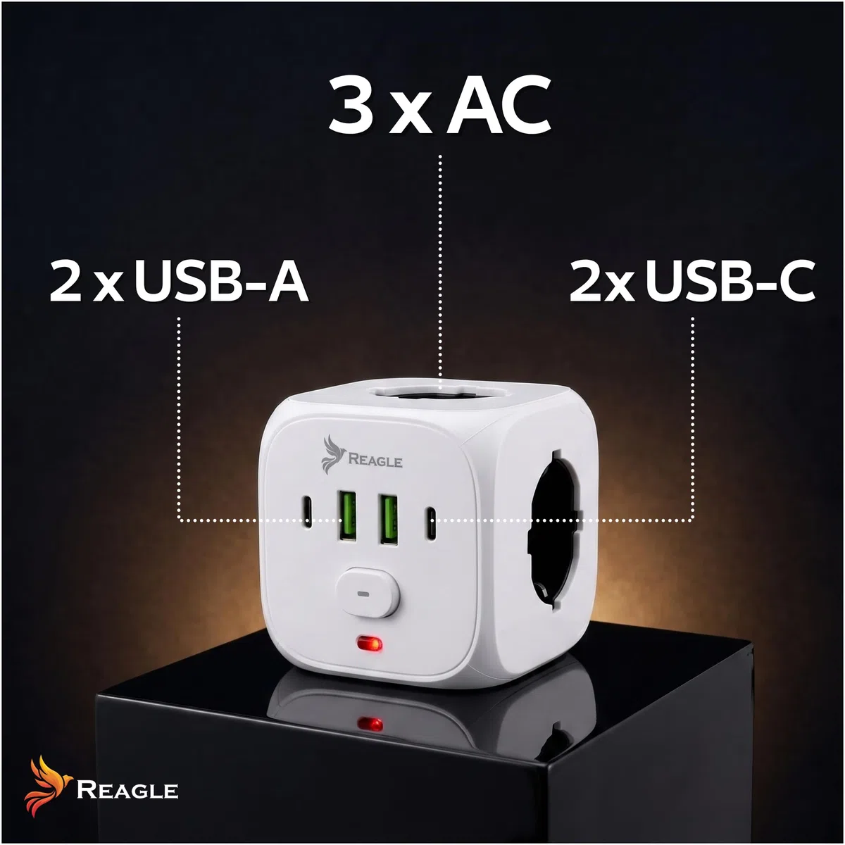 Reagle Kostka Zasilająca Bez Kabla 3 Gniazda 230V, Rozgałęźnik Do Gniazdka z USB 2x USB A 2x USB C, Listwa Zasilająca Cube, Włącznik ON OFF, 2500W, Do Domu Biura Podróży, Biała