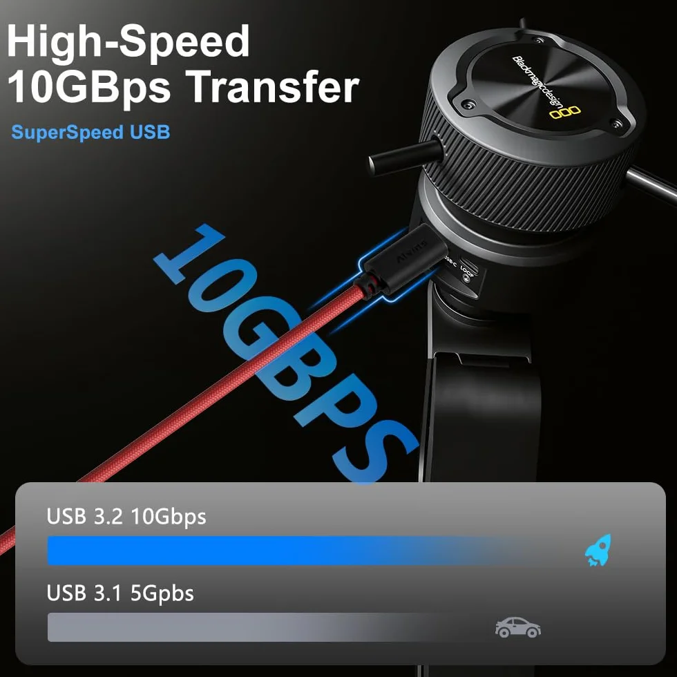 Alvin's Cables Ultra-elastyczny kabel blokujący USB-C Kabel do przesyłania danych do monitorów Pyxis Blackmagic, USB-C 3.2, 10 Gb/s, kabel do szybkiego ładowania do Micro Studio Blackmagic 4K G2, 12