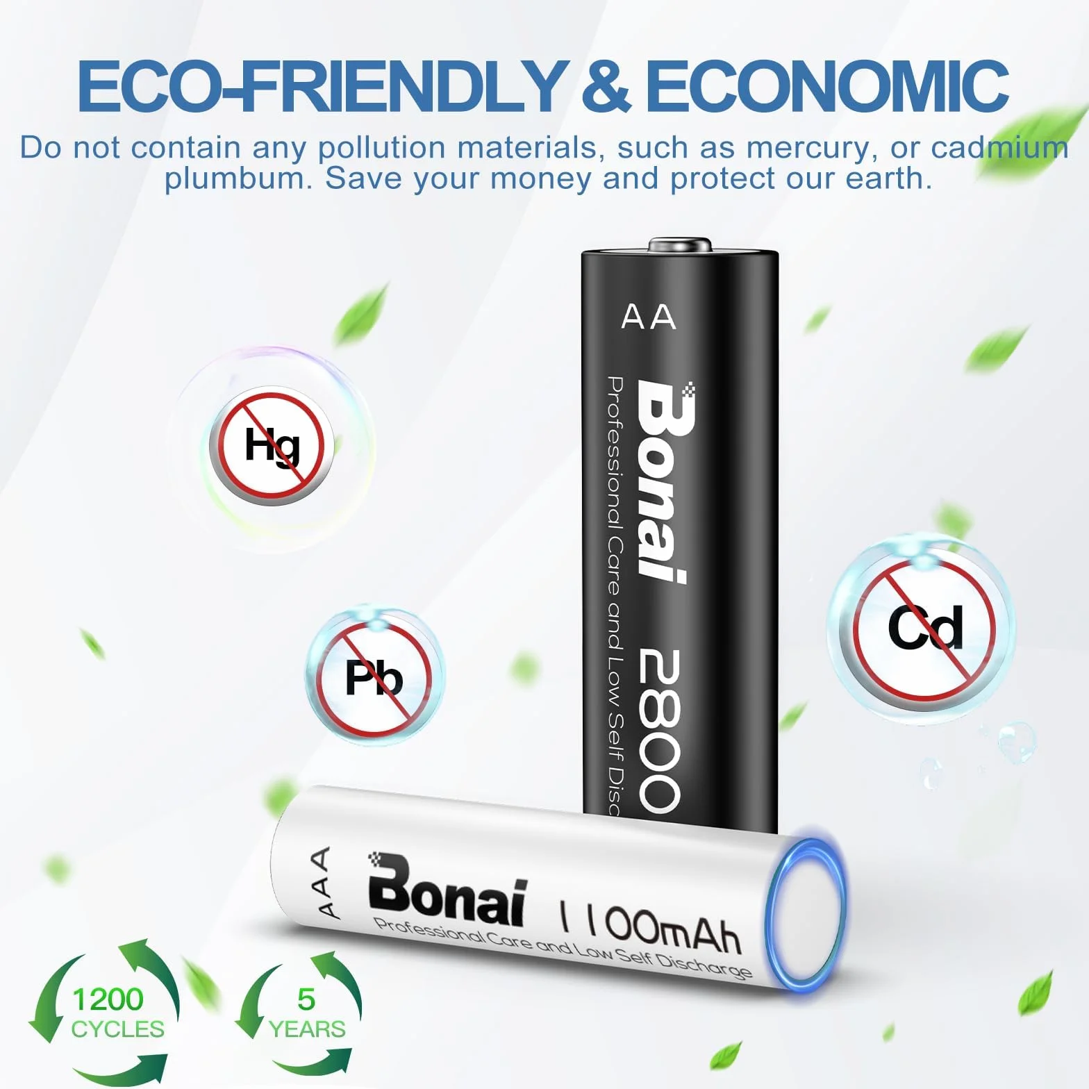 Baterie BONAI AA i AAA 2800/1100 mAh Ni-MH 1,2 V Akumulatory wielokrotnego ładowania