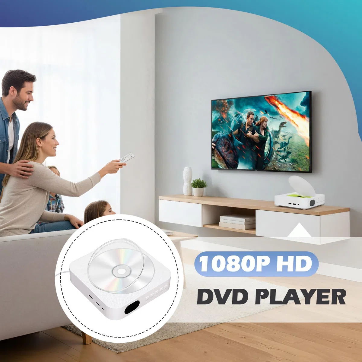 Przenośny odtwarzacz DVD/CD z Bluetooth, wbudowany głośnik Hi-Fi do montażu na ścianie domowe audio Boombox z pilotem zdalnego sterowania HDMI do podłączenia TV radio FM, odtwarzacz USB dla